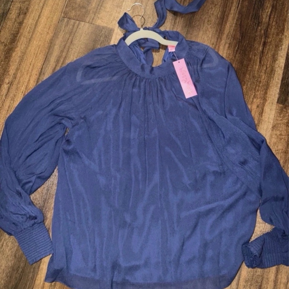 Lilly Pulitzer Ellielyn sheer long sleeve low tide navy blouse SZ 16 nwt